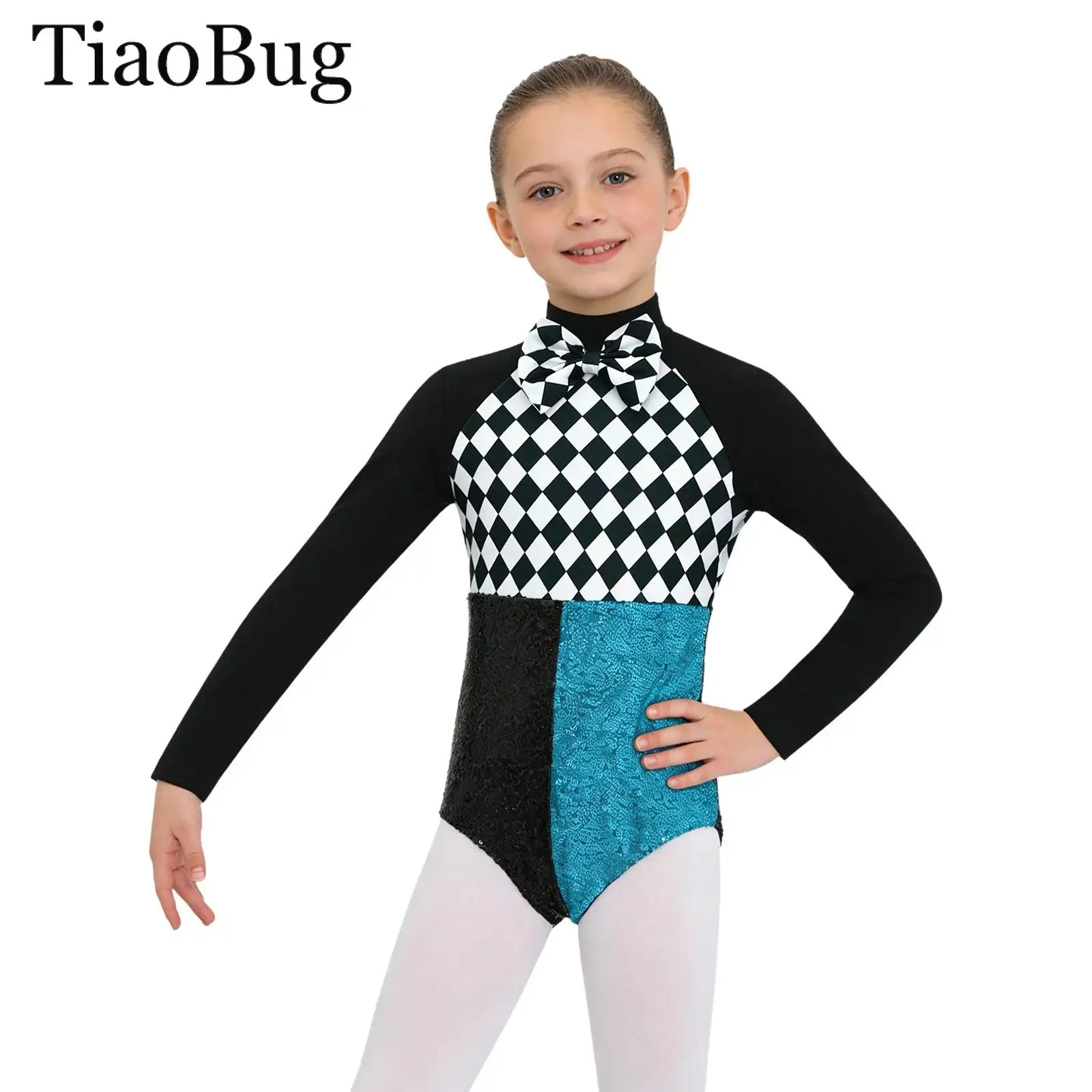 

Girls Racer Racing Driver Bodysuit Checkerboard Bow Tie Long Sleeve Sequins Ballet Leotard Jumpsuit Circus Clown Cosplay Costume