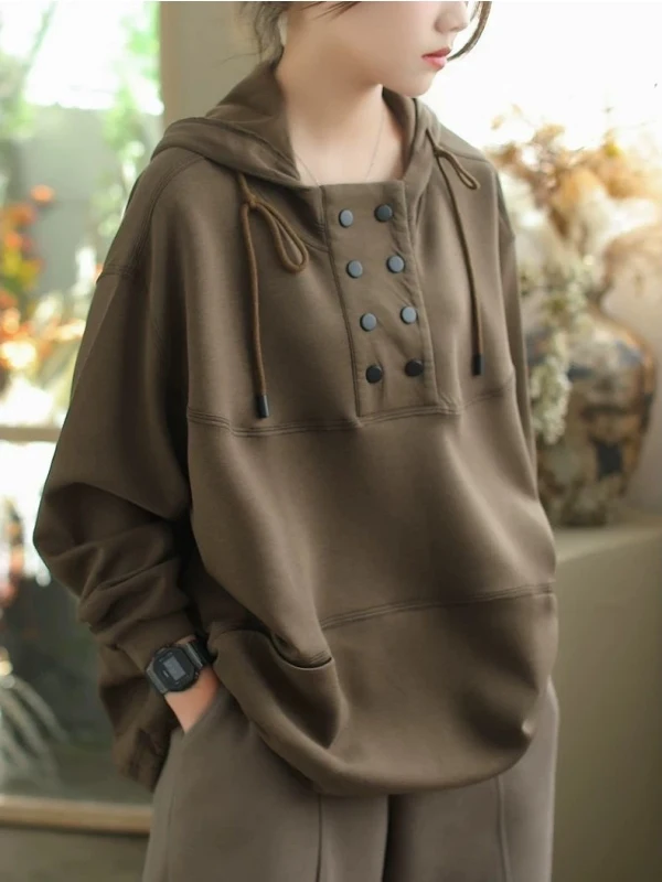 

ex Oversized Hoodie Vintage Patchwork Autumn Winter f Button Design Comfortable Long Sve Sweatirt for Men And Women