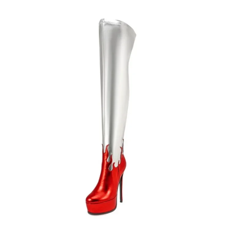 New Minimalist Silver Super High Heels Women Over The Knee Boots Autumn Winter Sexy Slim Fit Waterproof Platform Boots Size 45