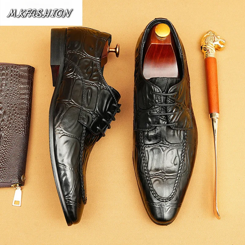 Men's Business Casual Shoes Genuine Leather Crocodile Pattern Pointed Toe Slip On Flats Footwear