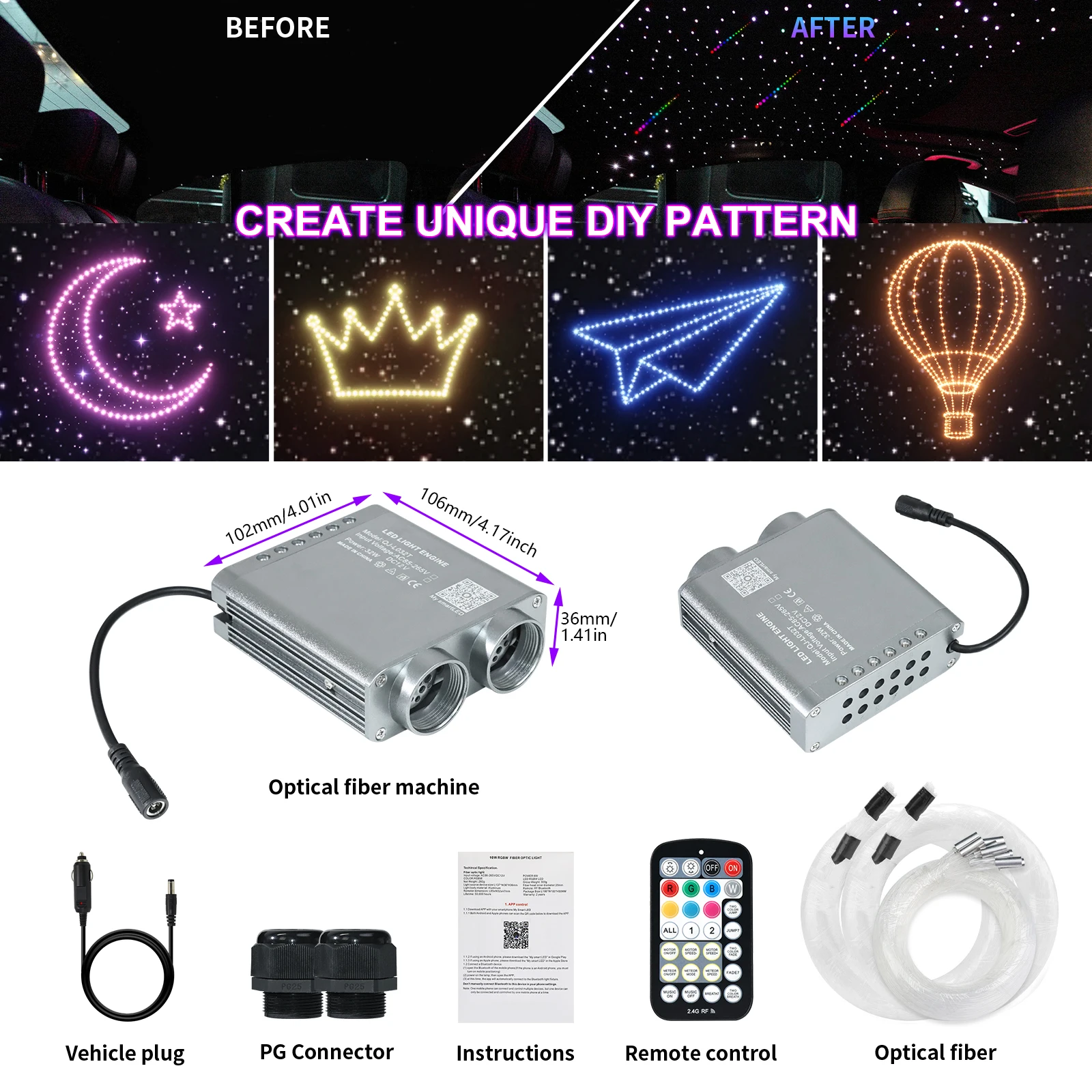 32W RGBW Double Head Fiber Optic Star Ceiling Kit with Shooting Star Music Control Smart APP Twinkle