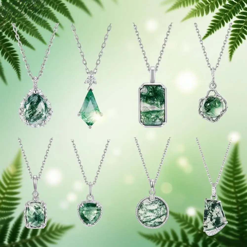 

WES 100% 925 Silver Natural Unique Moss Agate Pendant Necklace for Woman Forest Jewelry Engagement Gift Boho Style Wholesale