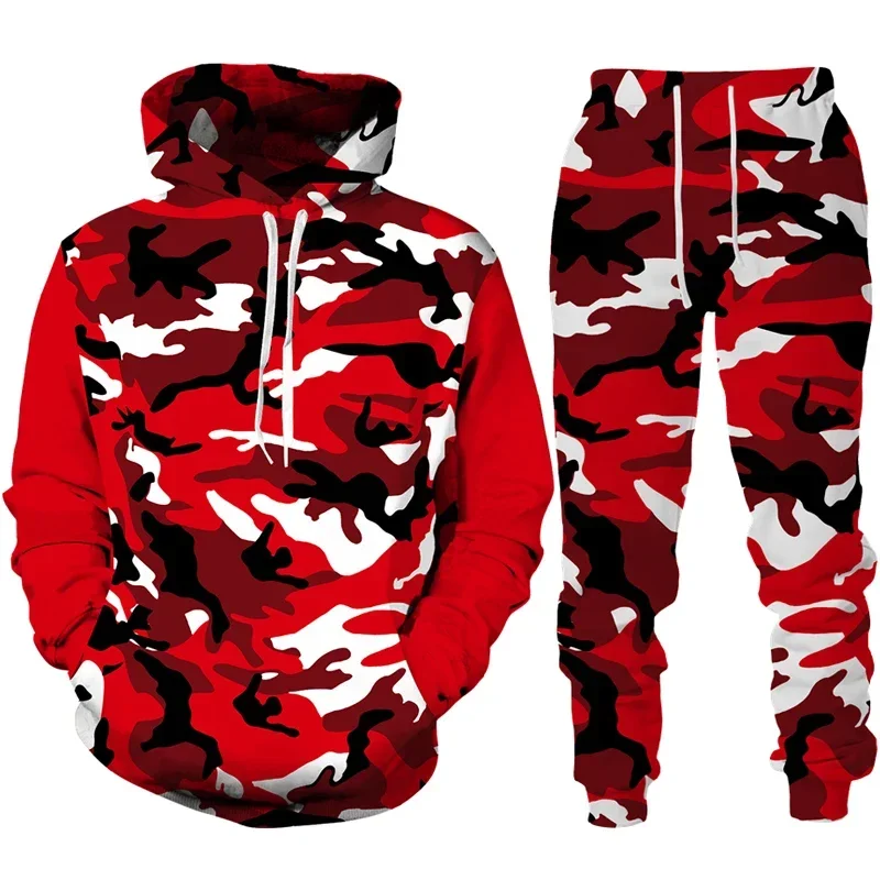 Chándal con estampado 3D de camuflaje para hombre y mujer, conjunto de Sudadera con capucha y pantalones de 2 piezas, ropa deportiva informal de