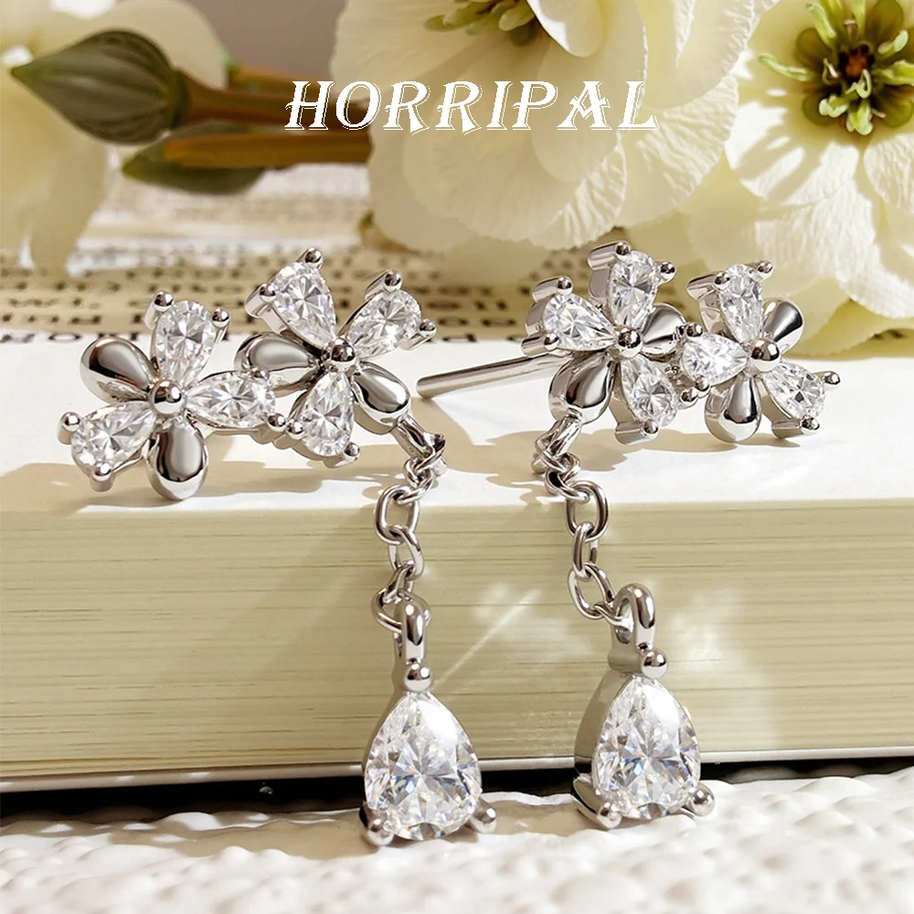 

HORRIPAL Flower Moissanite Drop Earring for Women GRA S925 Sterling Silver High Quality Anniversary Party Fashion Jewelry Gift