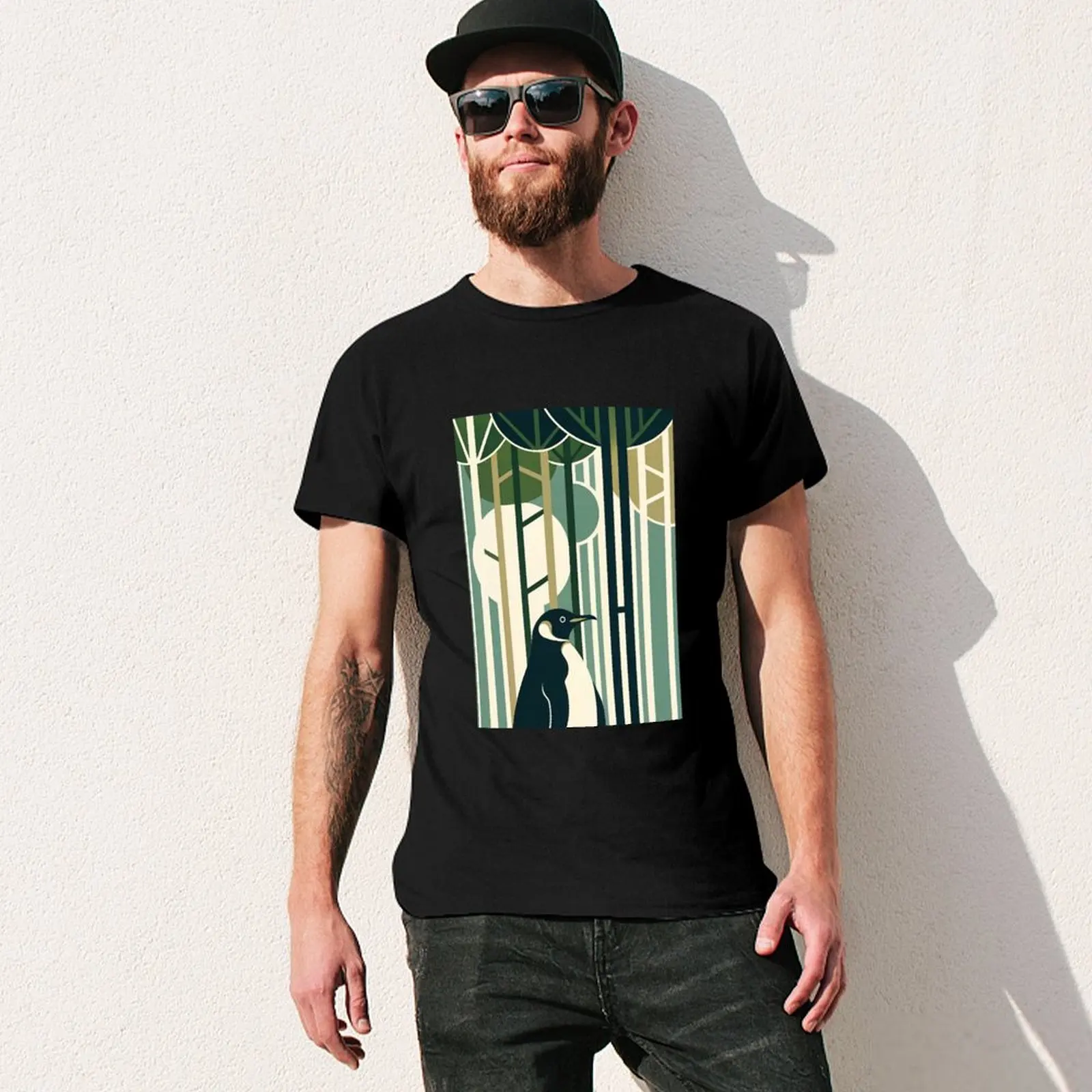 Olive Green Cream Penguin In Retro Vintage 60s 70s Illustration Forest T-Shirt Urban Style Casual