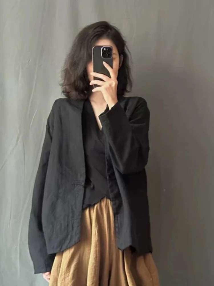 

Retro Chinese Sle Button up Linen irt Coat Women's Spring Autumn Cotton Linen Sun Protection Long Sve Loose Fit Outerwear