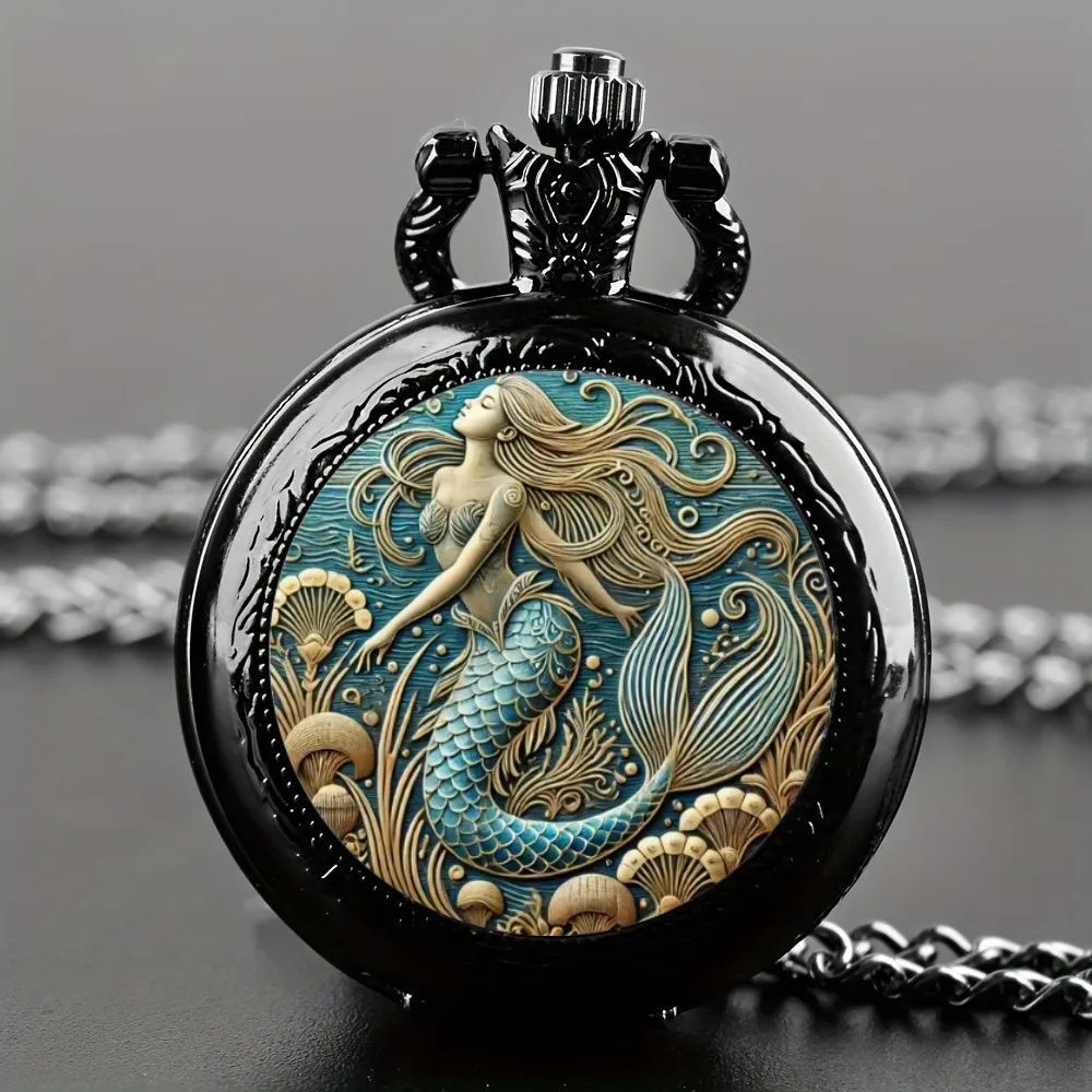 1Pcs Exquisite Mermaid Pattern Design Pocket Watch with Necklace Pendant -Quartz Movement, Elegant Jewelry Gift for Women Girls