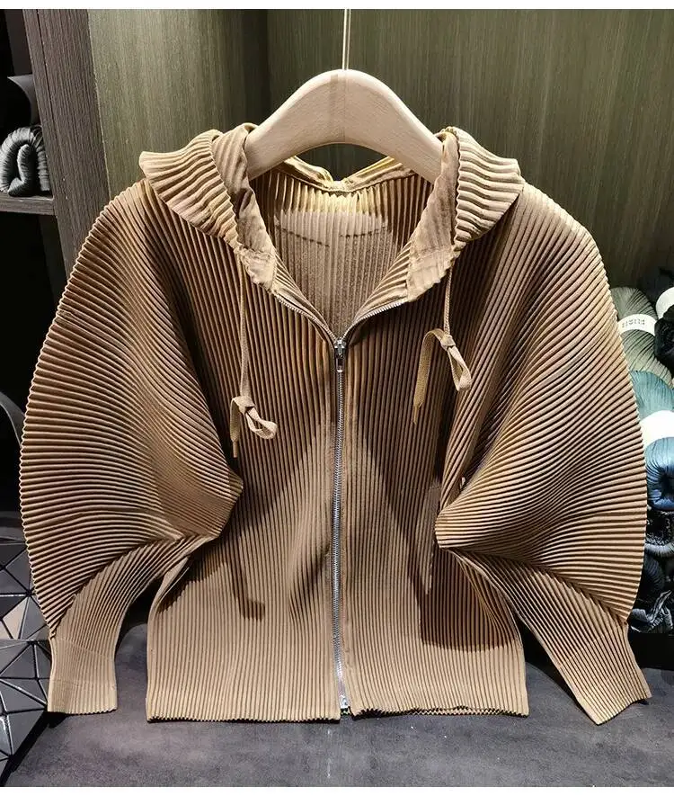 Drawstring Spring New Hooded Pleated Zipper Women's Sweatshirts Loose Elegant Simple High Quality Cardigan Coat 245YG