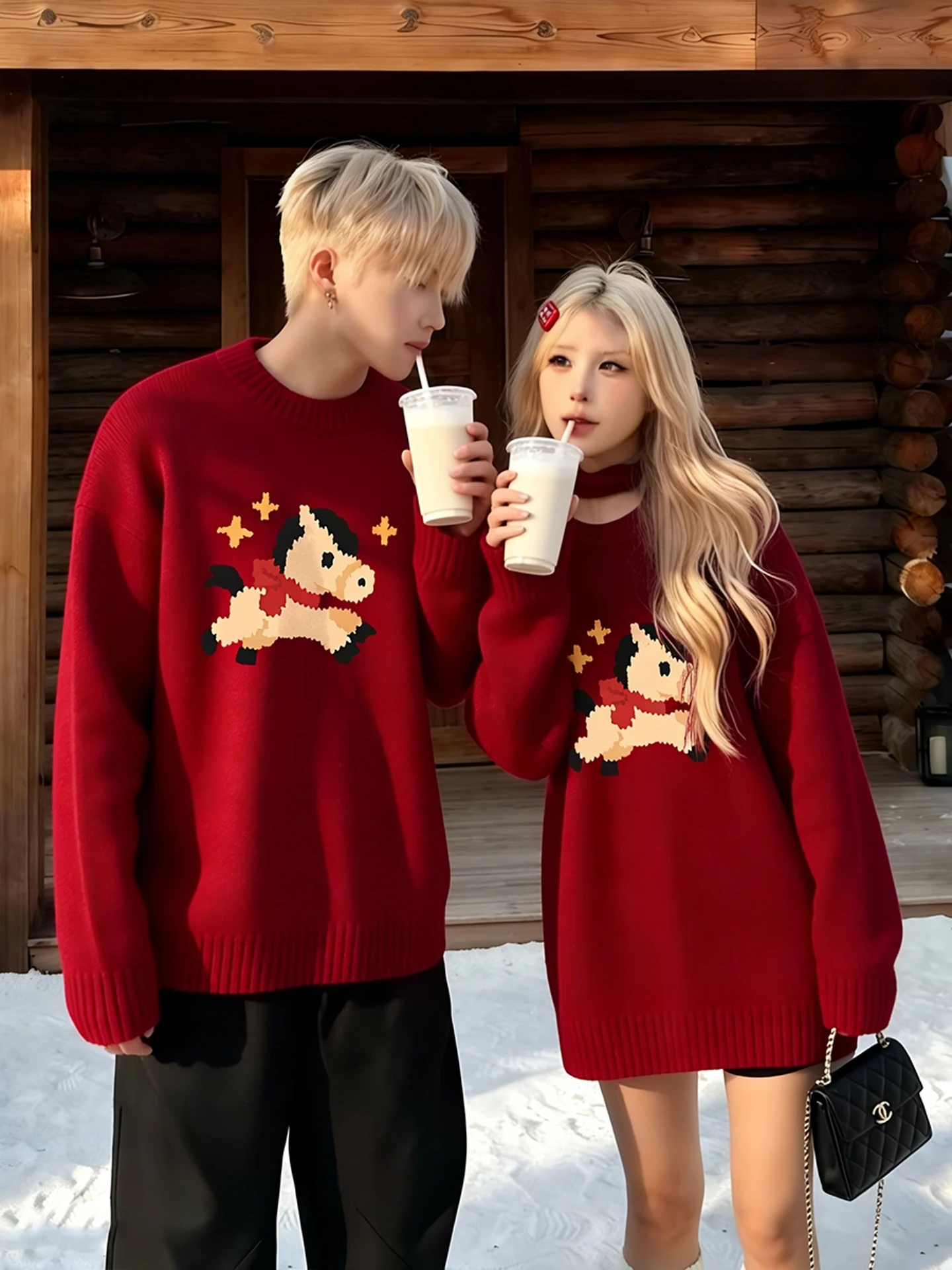 

New Year Couple Sweaters 2026 New Year Sle Red Color Knitted M Fem Loose Fit Casual Wear Long Sve round Ne Neline