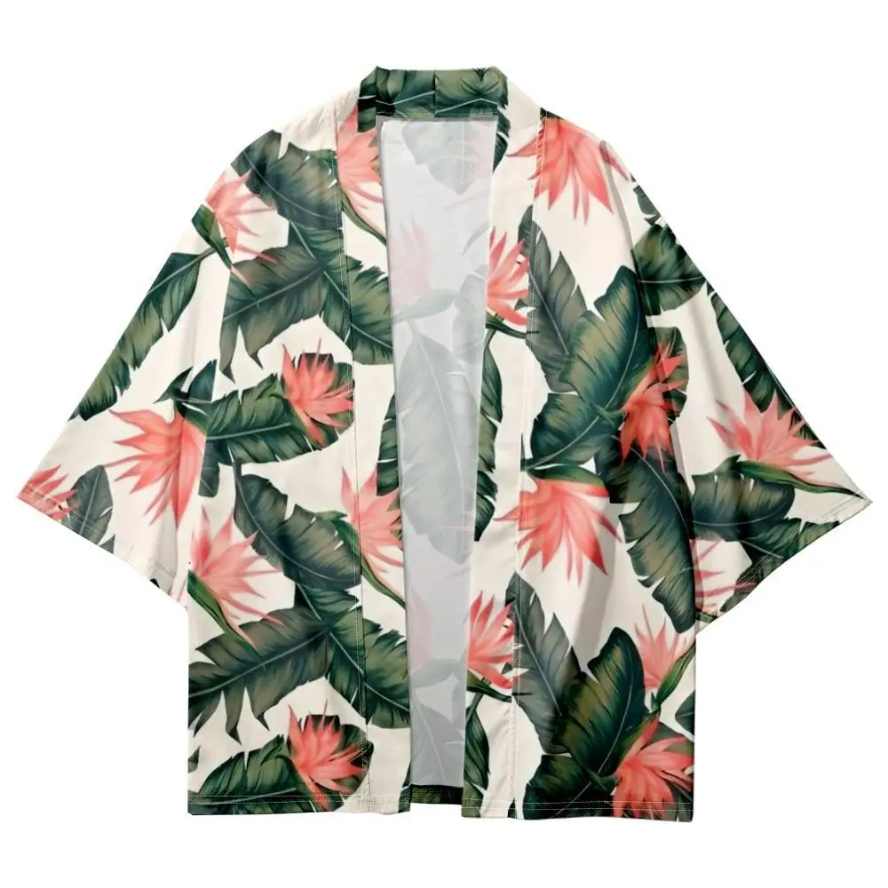 Couple Women Men Green Leaves Red Flower Printed Loose Cardigan Haori Yukata Casual Summer Kimono Beach Shorts Streetwear