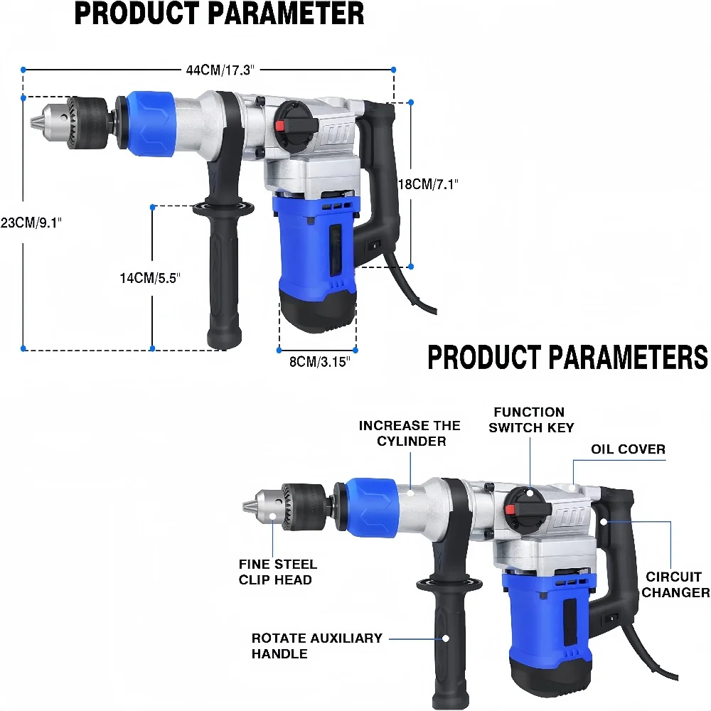 SDS-Plus Rotary Hammer Drill, Corded Drills, 2000W Heavy Duty Chipping Hammers W Vibration Control & Safety Clutch 6 Speed Adjustment