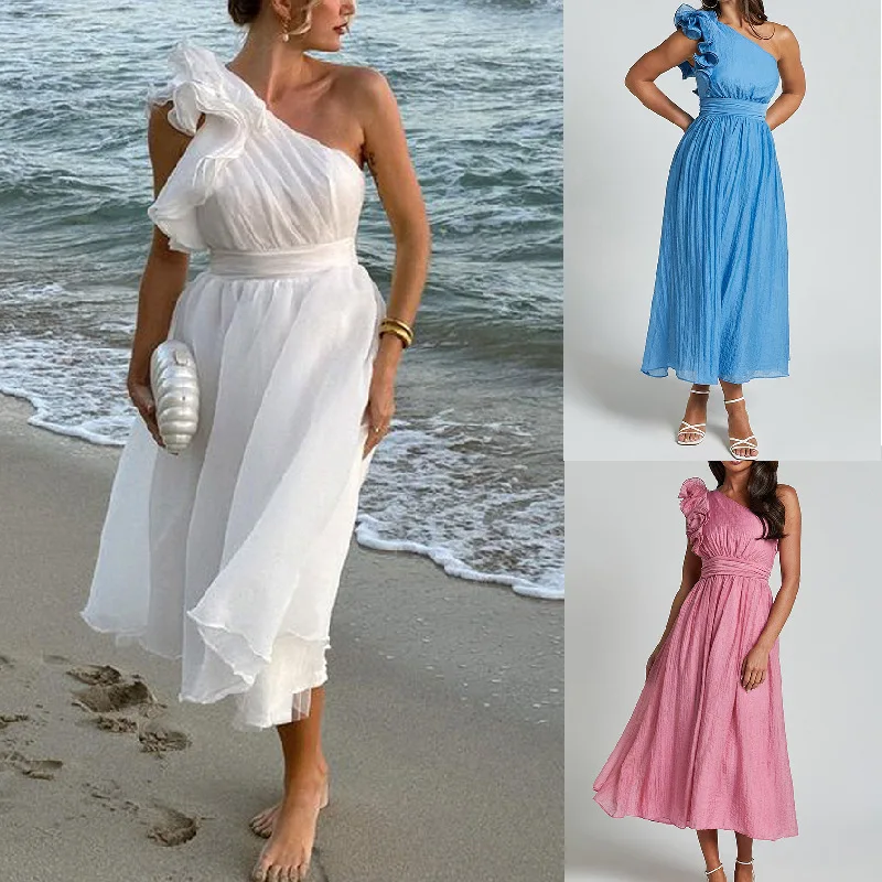 Summer Fashion Sexy Solid Off-shoulder Backless Dress For Women 2025 Ruffle Large Swing Evening Party Maxi Dress Bodycon Dresses