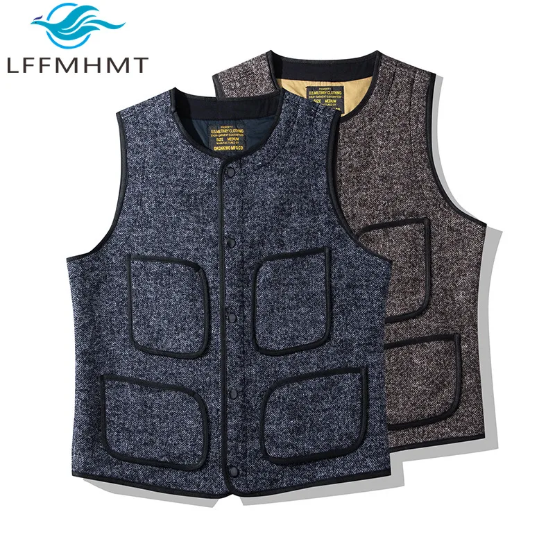 Men Tweed Wool Vest Crew Neck Multi Pocket Double Layer Casual Vintage Waistcoat Outerwear Fall Winter