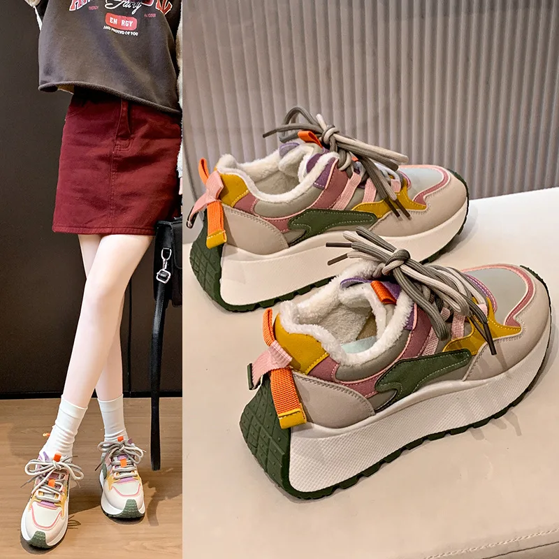 

2025 Winter Women's Fleece Lined Chunky Dad Shoes | Color Block Platform Sneakers | Breathable Height Increasing Casual Wear