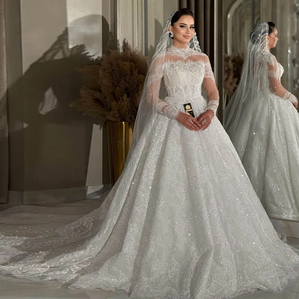 Customized Shiny Lace Embroidery Ball Gown Wedding Dress Sheer Neck Long Sleeve Bridal Gown Arabic Dubai Vestido De Novia