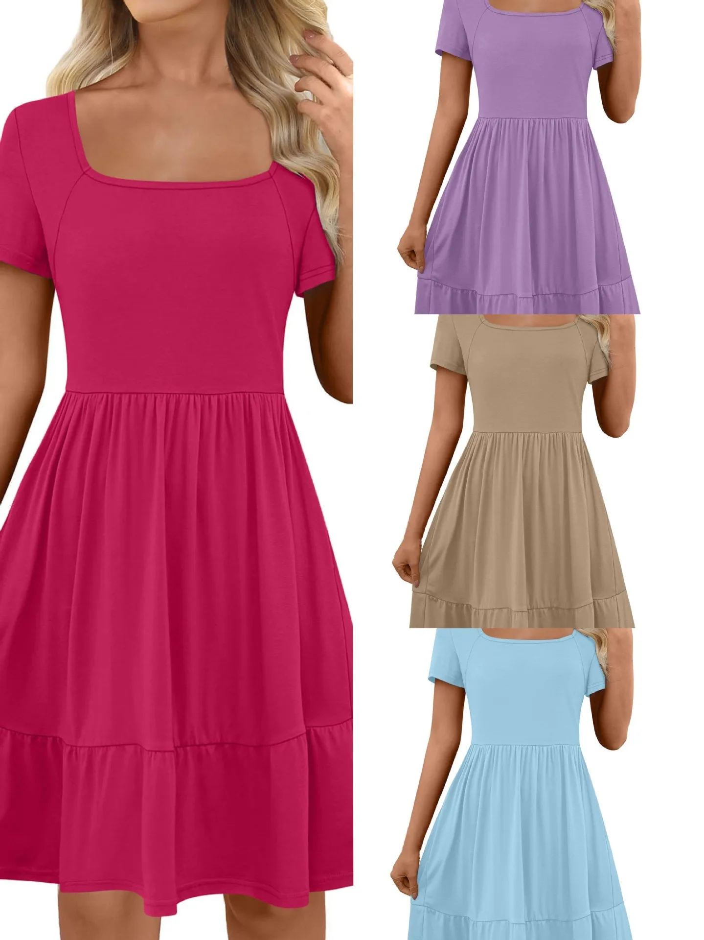 

Весенне-летнее женское платье миди из трикотажного полиэстера, однотонное, с квадратным вырезом, коротким рукавом и боковыми карманами, повседневное.