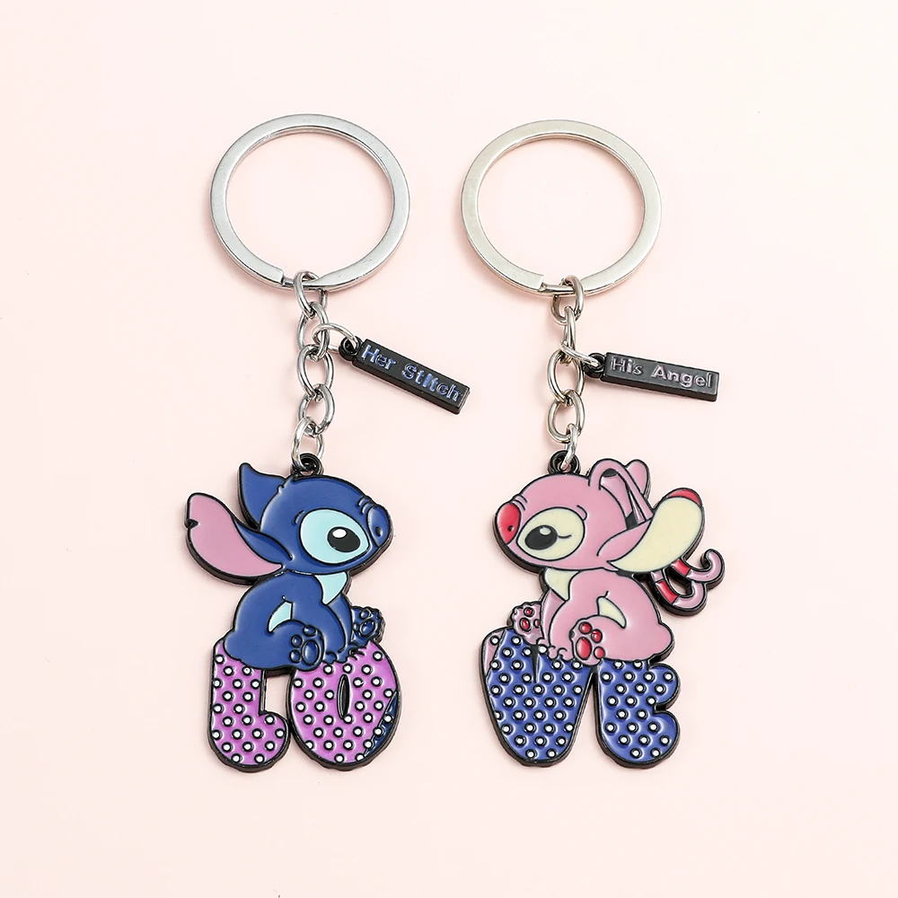 Anime Lilo and Stitch Necklace I Love You Couples Jewelry Her Stitch His Angel Pendant Keychains Kids Toys Doll Key Ring Gifts