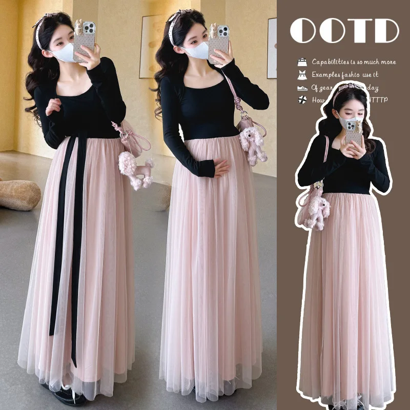 

Платье для беременных весна-осень 2026 во французском стиле: нежное, элегантное, для вечеринок, с длинным рукавом