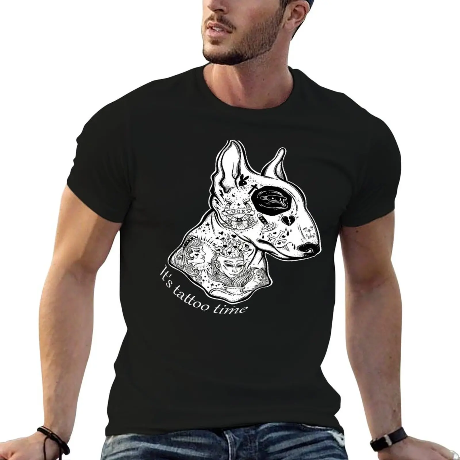 Camiseta Tattoo Bullterrier para hombre, camiseta de lujo para hombre, camisetas de algodón pesado para hombre, camiseta de algodón