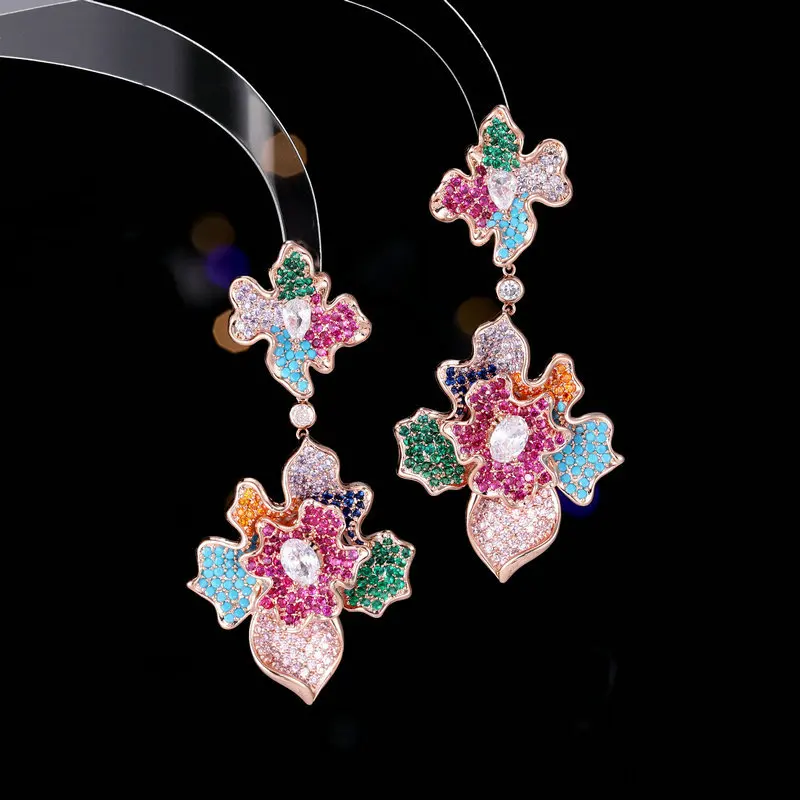 Luxury Exaggerated Cubic Zircon Floral Long Dangle Earrings Atmosphere Grand Occasion Banquet Dress Copper Zircon Flower Earring