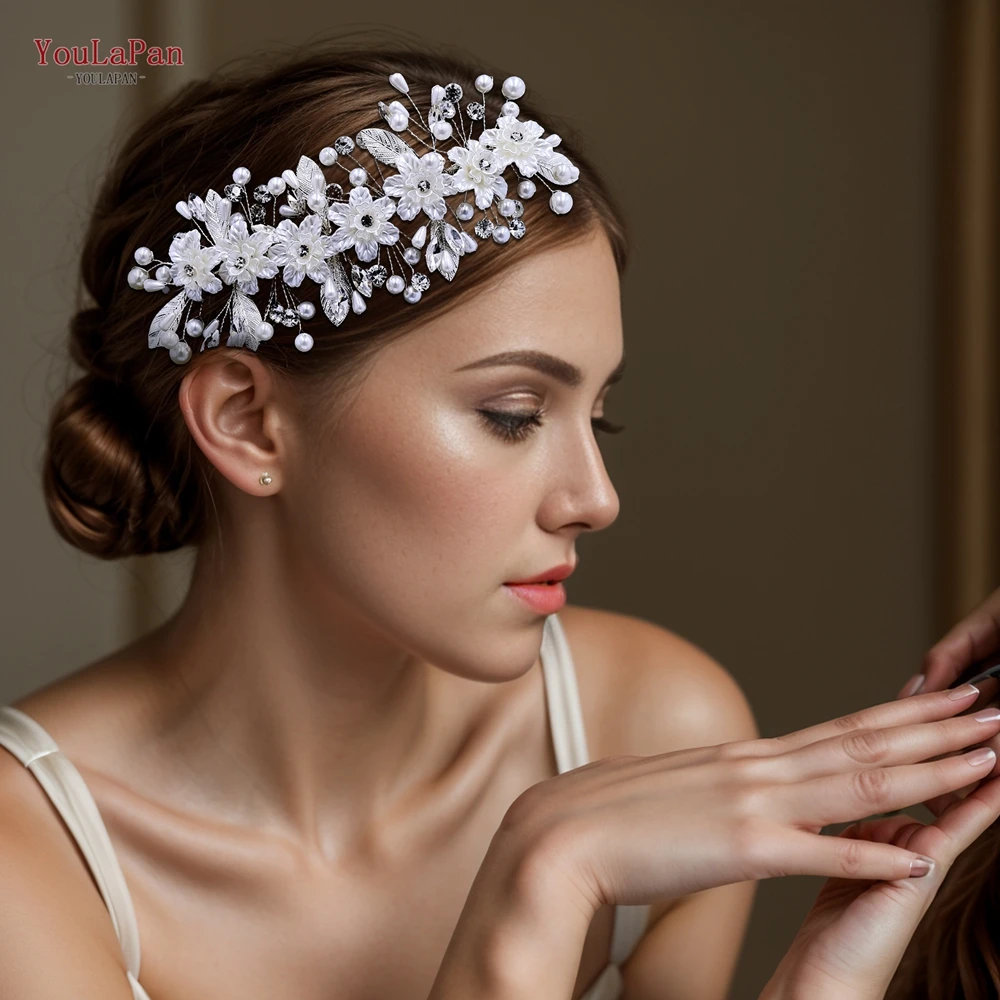 YouLaPan, banda ancha para el cabello con flores para novia, Color plateado, aleación, hoja, perla, accesorios para el cabello de boda, diademas para mujer, fiesta HP671