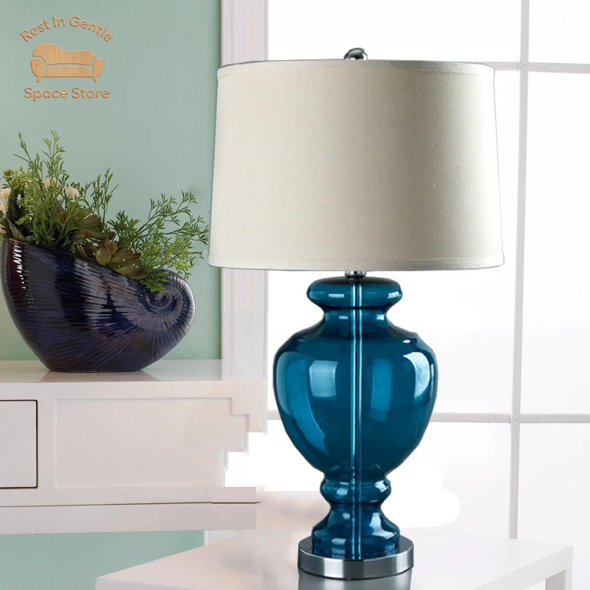 Modern creative blue glass table lamp hotel clubhouse Mediterranean lamp designer model room bedroom bedside decoration