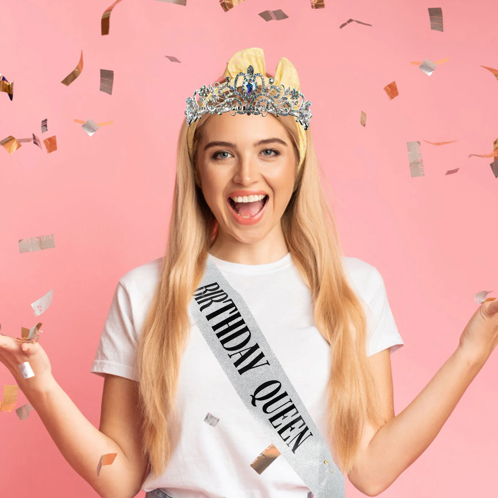 

1Set Birthday Crown and Sash Set Female Party Tiara Rhinestone Headdress Decorative Etiquette Belt Stage Dance Event Accessories