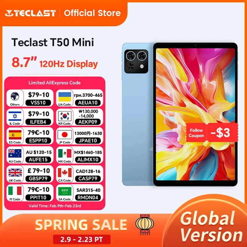 Teclast T50 Mini Tablet 8.7" 120Hz Display MTK Helio G99 20GB RAM (8+12 Virtual) 128GB ROM Android15 Tablets Support 4G Dual SIM