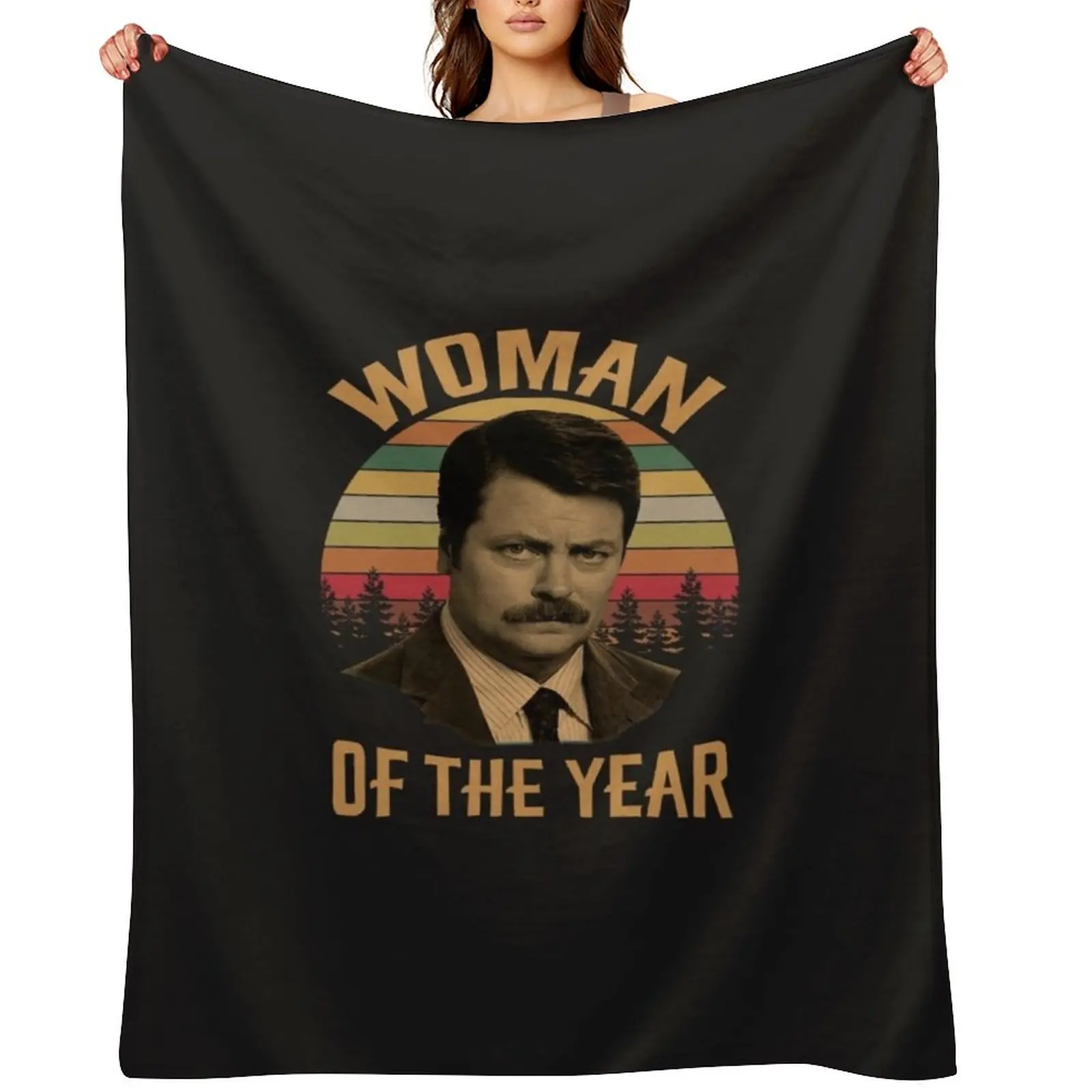 

Woman of The Year Vintage Retro Ron Swanson Parks and Recreation Classic T-Shirt Throw Blanket Large Picnic Blankets