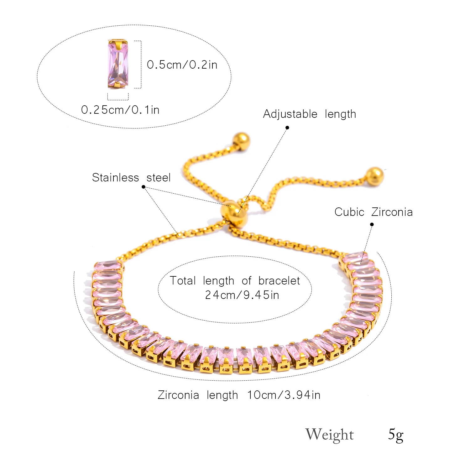 Verstellbares CZ-Armband für Damen – funkelnde Zirkonia-Kette, glänzend auf hypoallergenem Edelstahl, schillernder Alltagsschmuck – Detail 5