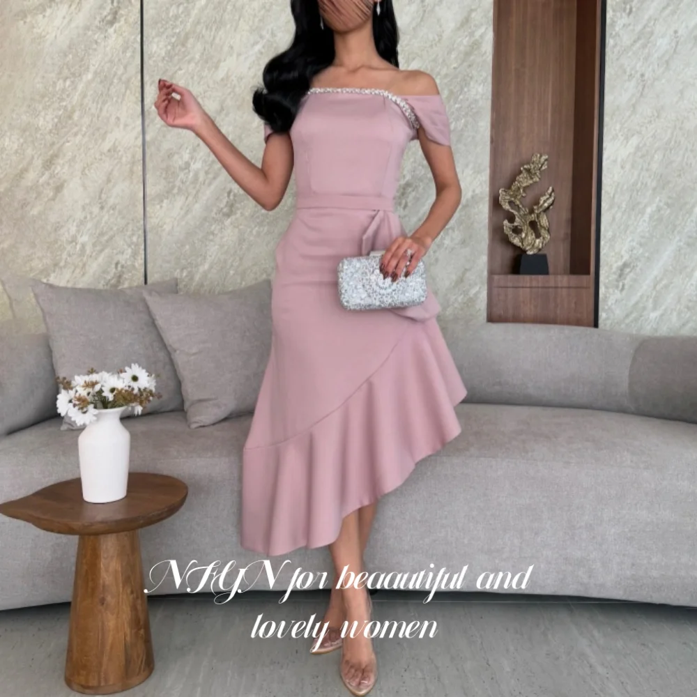 

NFYN Pink Elegant Formal Gown Off the Shoulder Backless Prom Dresses Satin Mermaid Evening Dress for Woman حزب فساتين Customized