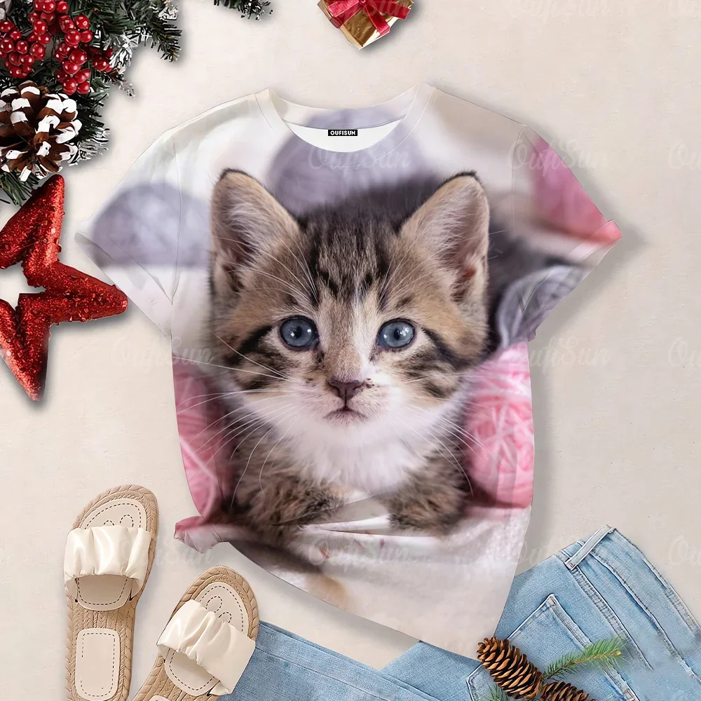 Women 3d Cute Cat PrintT-Shirts Kawaii Casual T Shirts O-Neck Short Sleeve Tees Tops Aesthetic Woman Overzise Tops