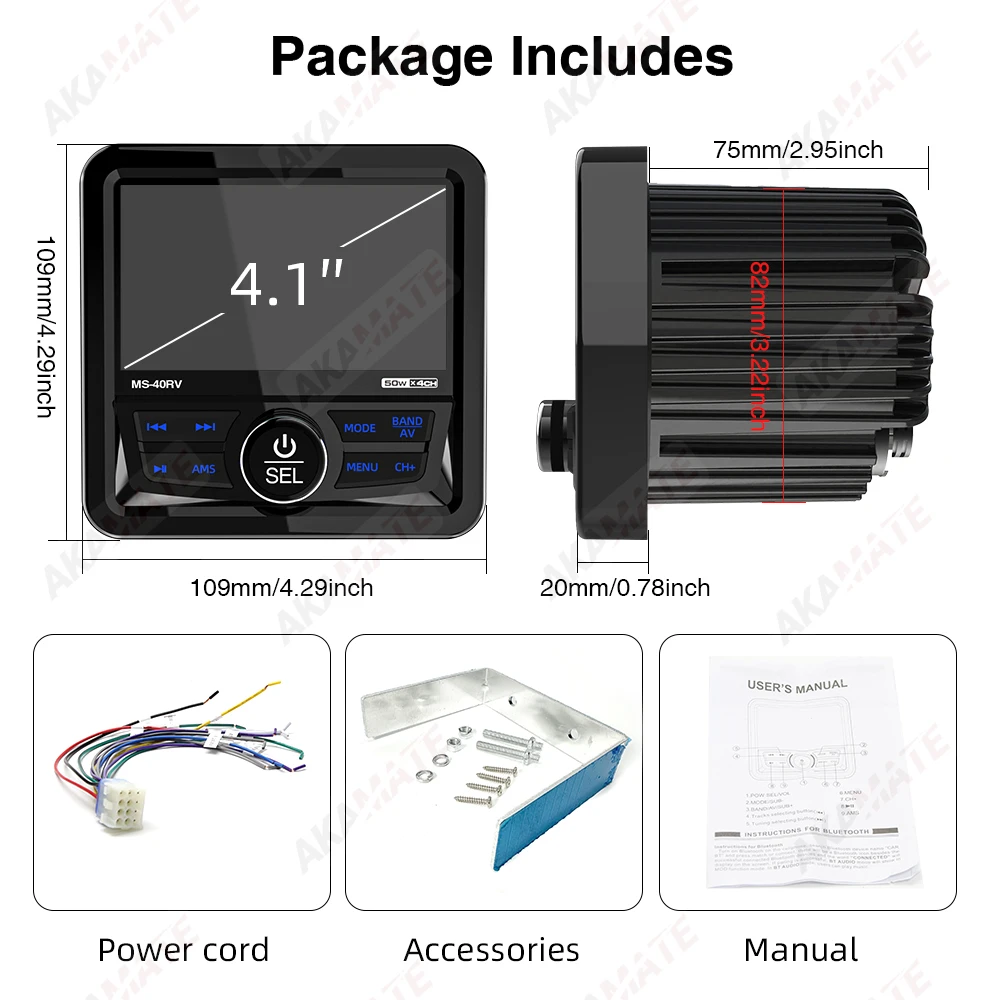 MP5 Marine Radio Stereo Square Boat Speaker FM AM Antenna Waterproof IPX5 Bluetooth Multimedia Player for RV ATV UTV SPA RZR