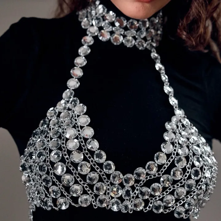 

Wide Collar Halter White Rhinestone Bra Chain Women Bling Beach Party Stripe Dance Show Costume Bikini Tops Breast Body Chain