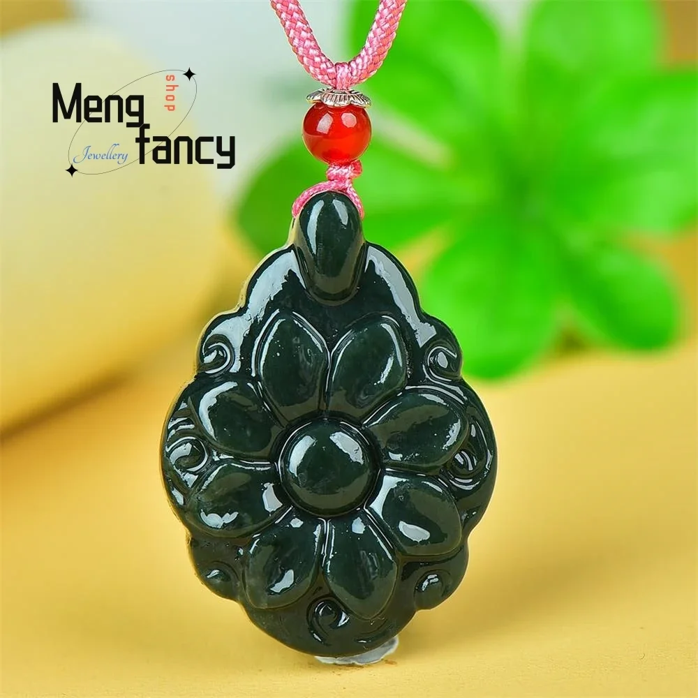 Natural Hetian Green Jade Retro Auspicious Flower Pendant Exquisite Mascot Handicraft High-grade Luxury Elegant Fashion Jewelry