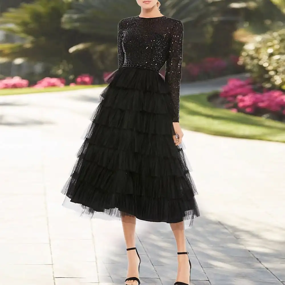 

A Line Long Sleeves Cocktail Dresses Jewel Collar Lace Tea Length Tulle Formal Party Dresses Sequin Tier