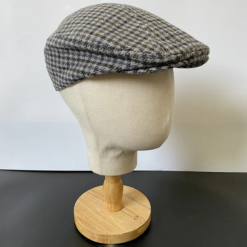 Gray Plaid Newsboy Hat Wool Womens Mens Ivy Cap Cabbie Driver Hat Autumn Winter Flat Hats Vintage Gatsby Beret 49