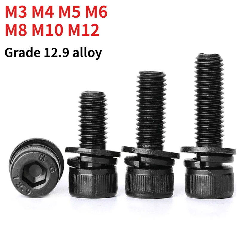 M3 M4 M5 M6 M8 M10 M12 DIN912 12.9 Black Socket Head Cap Screw with Flat & Spring Washer Allen Combination Bolt Length: 6–50 mm