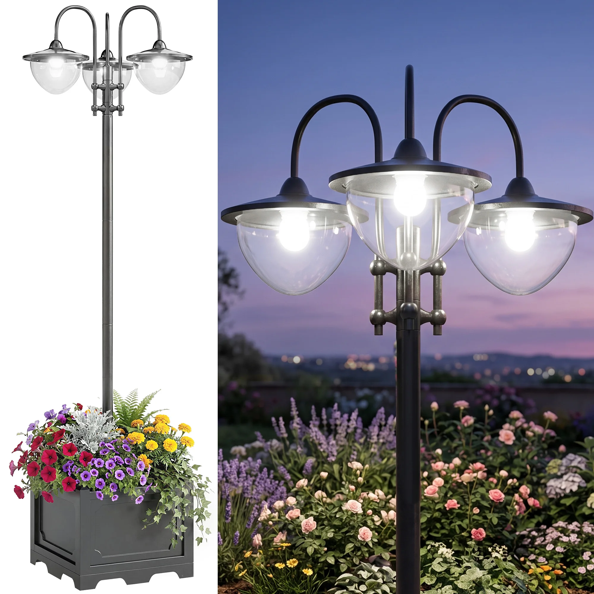 3-head LED Solar Light Lamp Street Light Post with Planter Base, Black