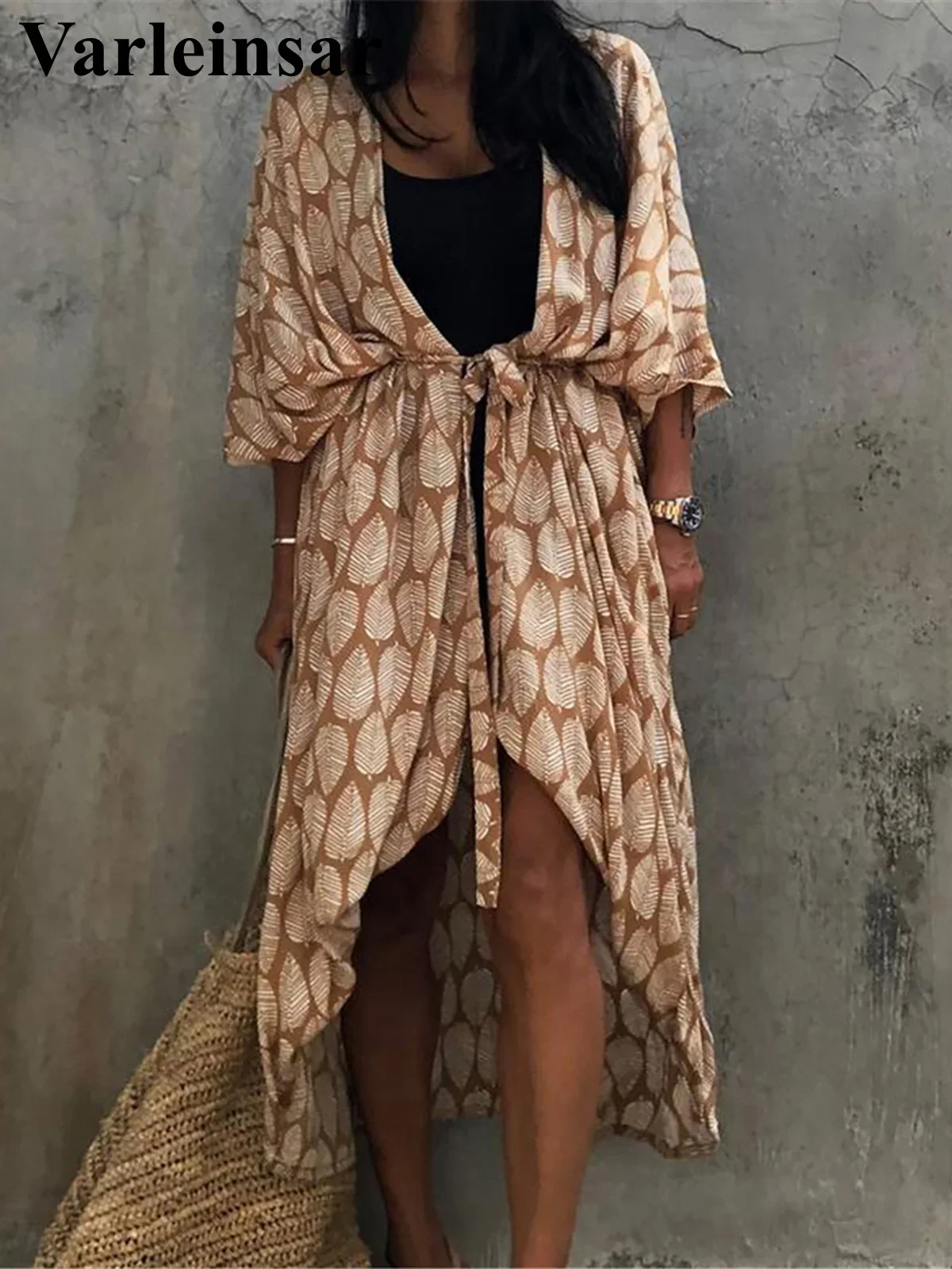 7 Colors Leaves Printed With Belt Half Sleeve Tunic Beach Cover Up Cover-ups Beach Dress Beach Wear Beachwear Female Women V4511