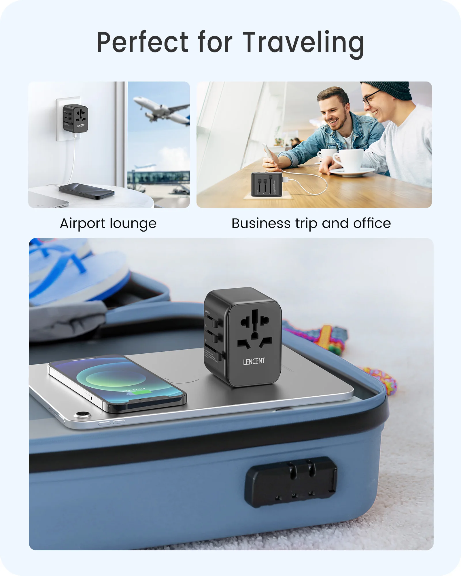 LENCENT 65W/45W/30W GaN Universal Travel Adapter with USB-A and Type C Fast Charging Power Adapter EU/UK/USA/AUS Plug for Travel