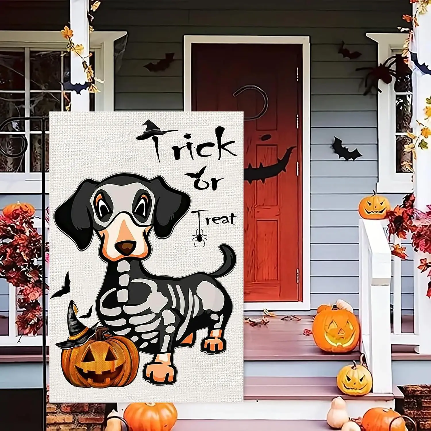 Halloween Trick or Treat Garden Flags 12x18 Double Sided, Ghost Dog Yard Flag for Outside Decor, Holiday Dachshund Skeleton  llp