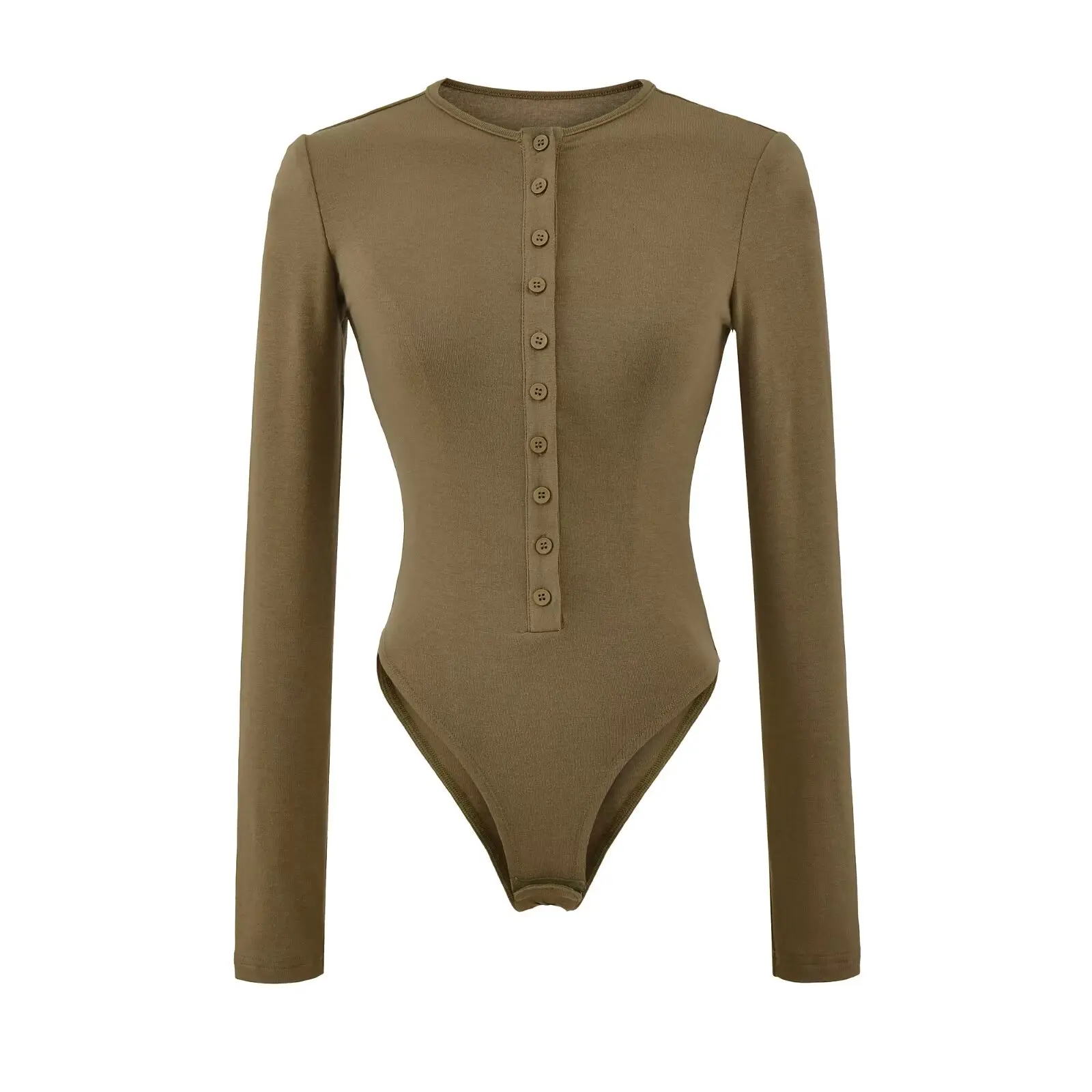 Baju bodysuit seksi Amerika model kancing depan, ketat, bahan dasar katun, untuk wanita, awal musim gugur, kerah Henry, lengan panjang, atasan.