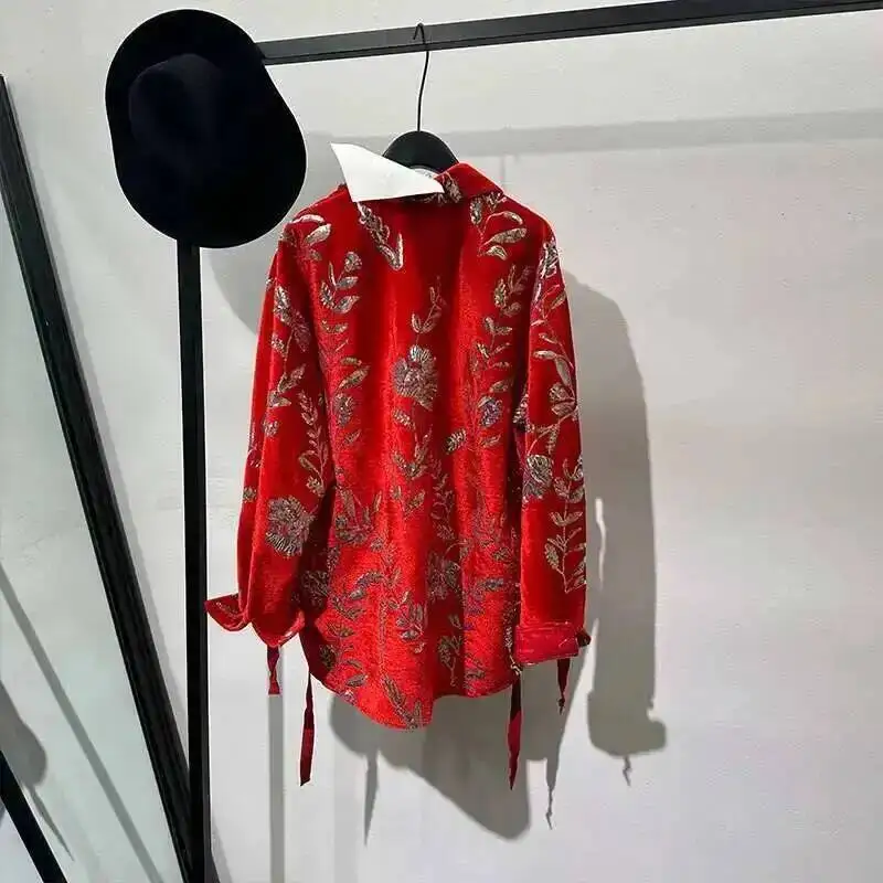 Men's Trendy Bright Color Printed Loose Sleeved Shirts Velvet Sequin Performance Male Summer Advanced Handsome Tops HJY78