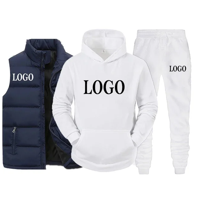 Custom LOGO Men Tracksuit Brand Vest + Hooded Sweatshirt + Pants 3 Piece Set Spring Autumn Fashion Streetwear Male Sportswear