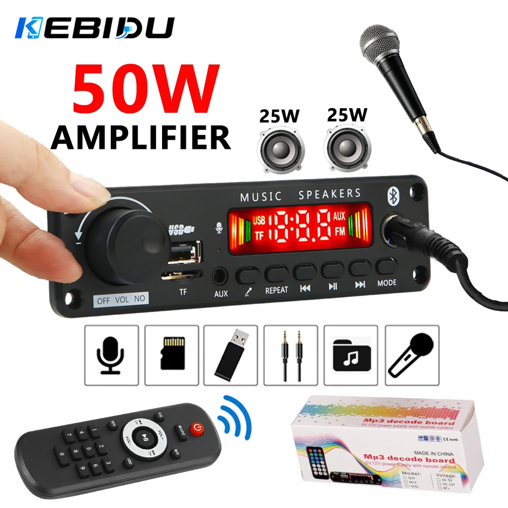 KEBIDU 50W Verstärker DC 12V MP3-Dekodierungsplatine Kabelloses DIY Auto-MP3-Player-Modul 6,5mm Mikrofon Lautstärkeregler USB FM-Radio für Lautsprecher