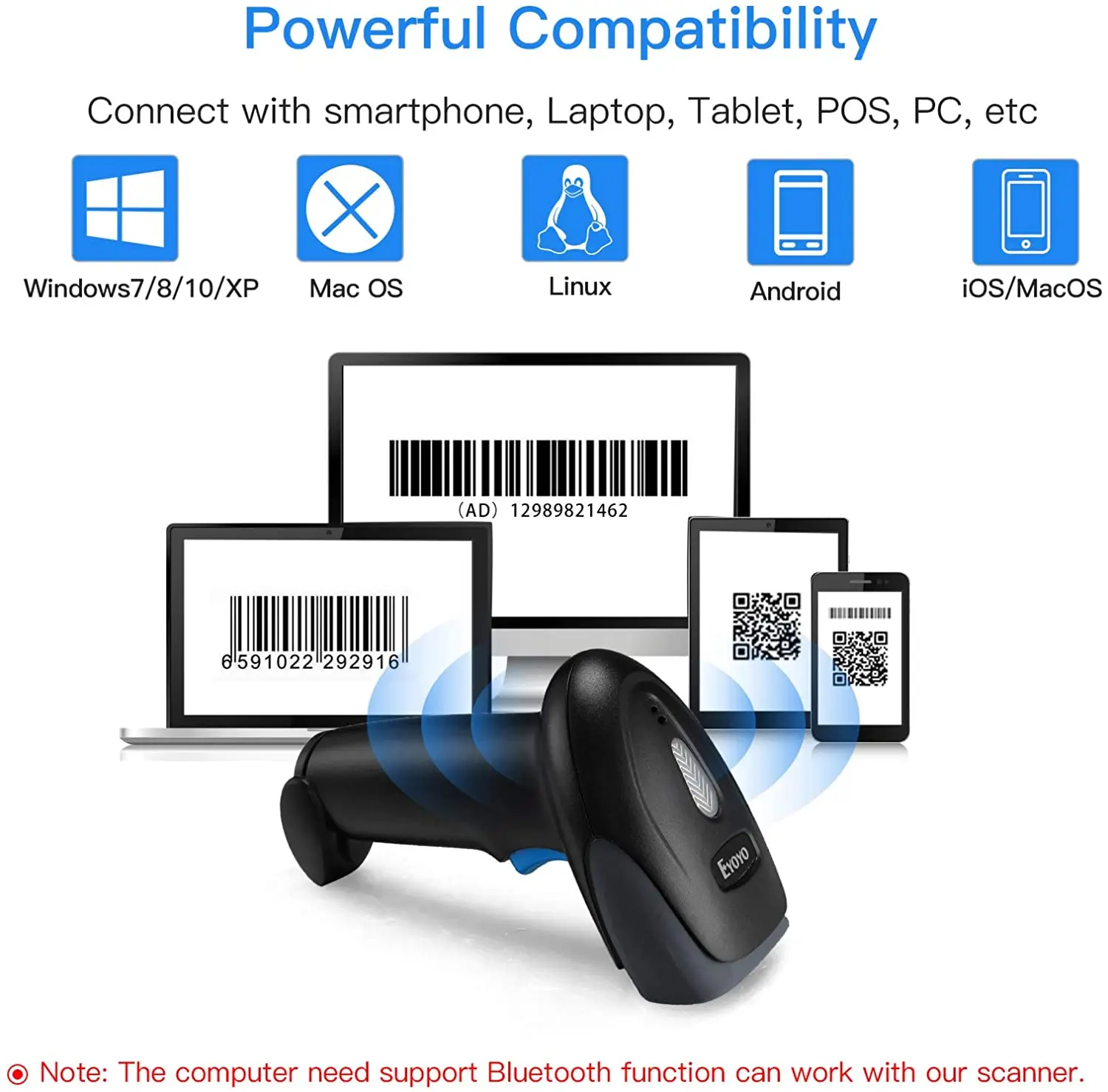Yoko bwm930 scanner de código de barras bluetooth, leitor de código de barras com fio usb portátil sem fio com detecção automática 1d qr para mana de estoque