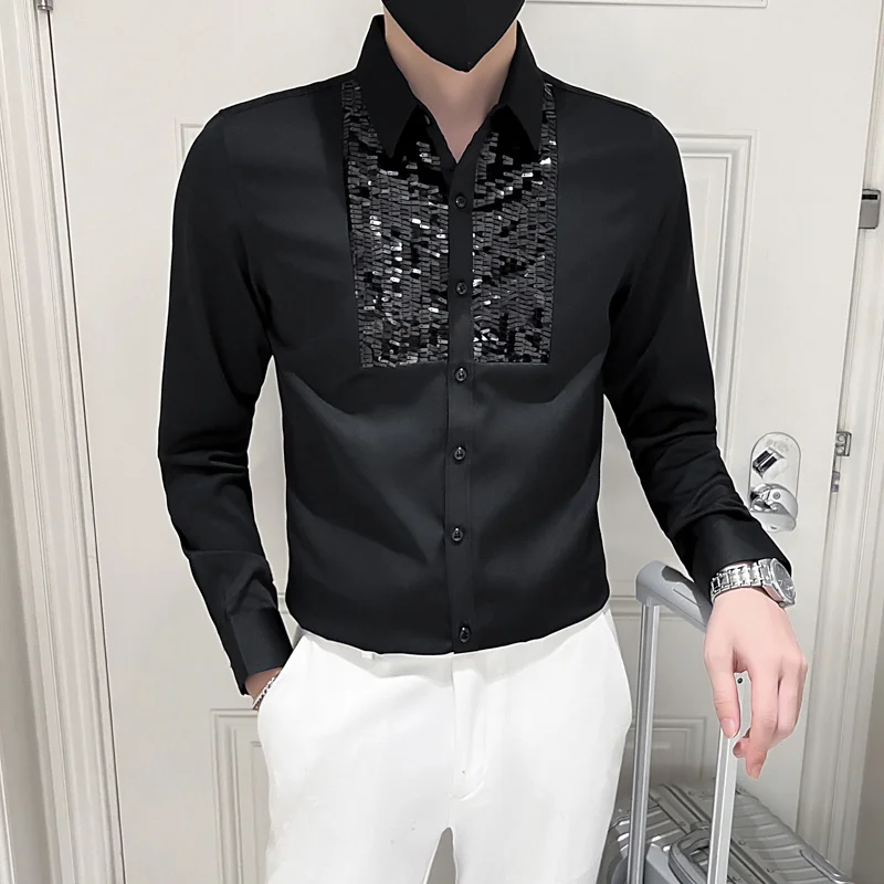 2024 New Design Shirt Man White Black Long Sleeve Tuxedo Shirts Front Sequins Dress Slim Fit Top Clothes Wedding Party Blouse