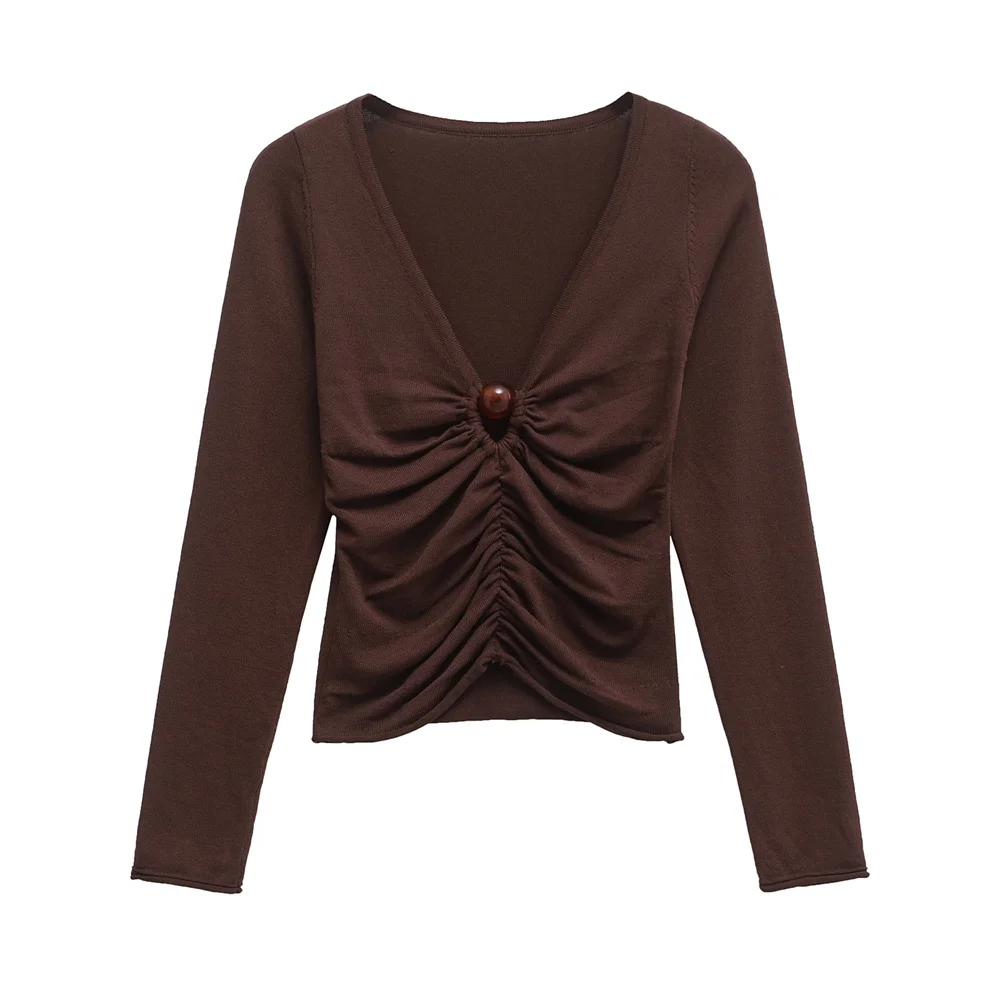 UNIZARA donna autunno e inverno nuovo slim fit corto scollo a V a maniche lunghe top a pieghe lavorato a maglia impreziosito da palla