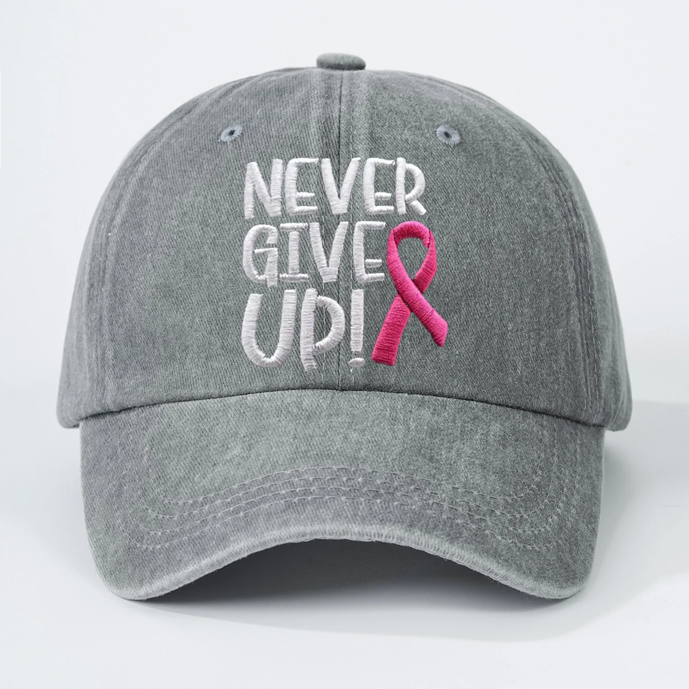 Pink Ribbon Embroidery Baseball Cap Never Give Up Breast Cancer Awareness Dad Hats Washed Distressed Adjustable Sun Hat ForWomen